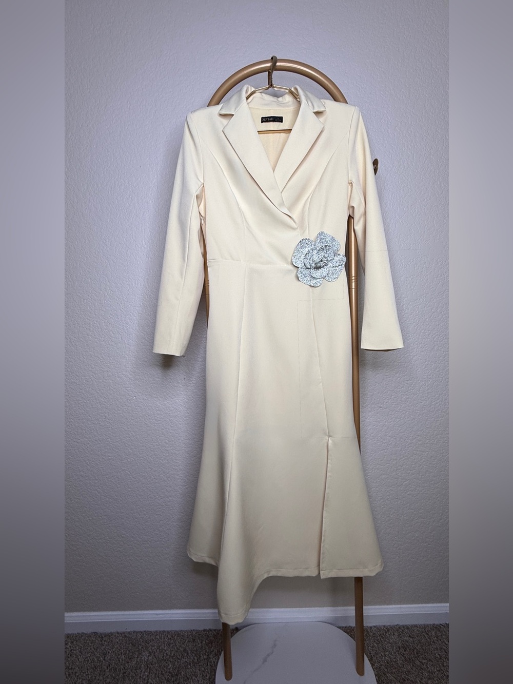 Cream Long-Sleeve Wrap Midi Dress with Floral Accent